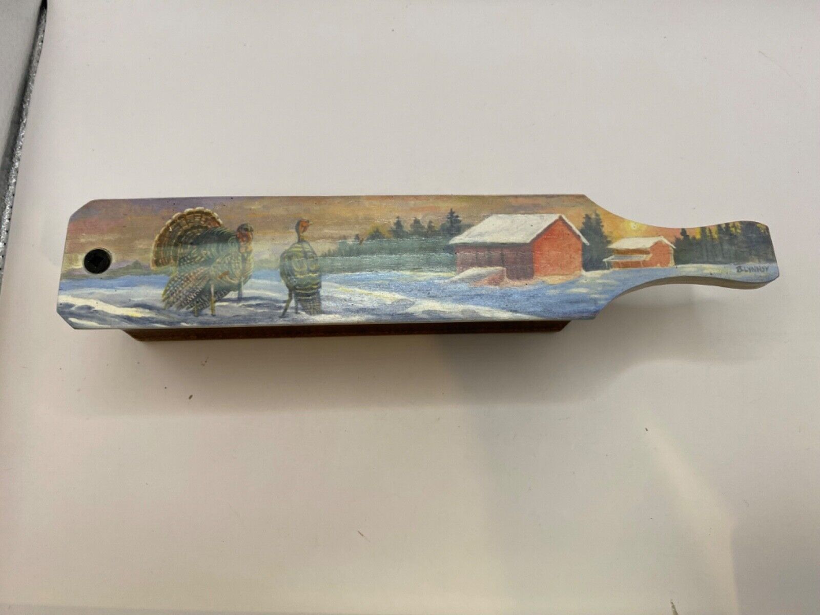 Wooden Amish Crafted Painted Lid Turkey Box Call - Winter Scene - New, Unused!