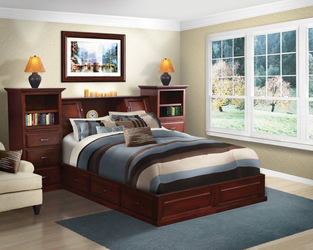 All In One Bookcase Pedestal Bed, Brown Maple