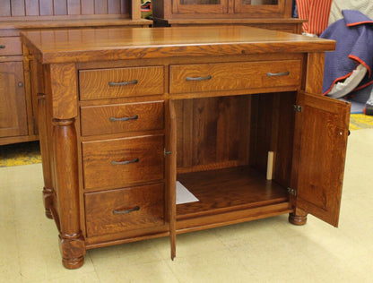 Rustic Quarter Sawn Oak Turned Leg Island with 2" Plank Glued Top