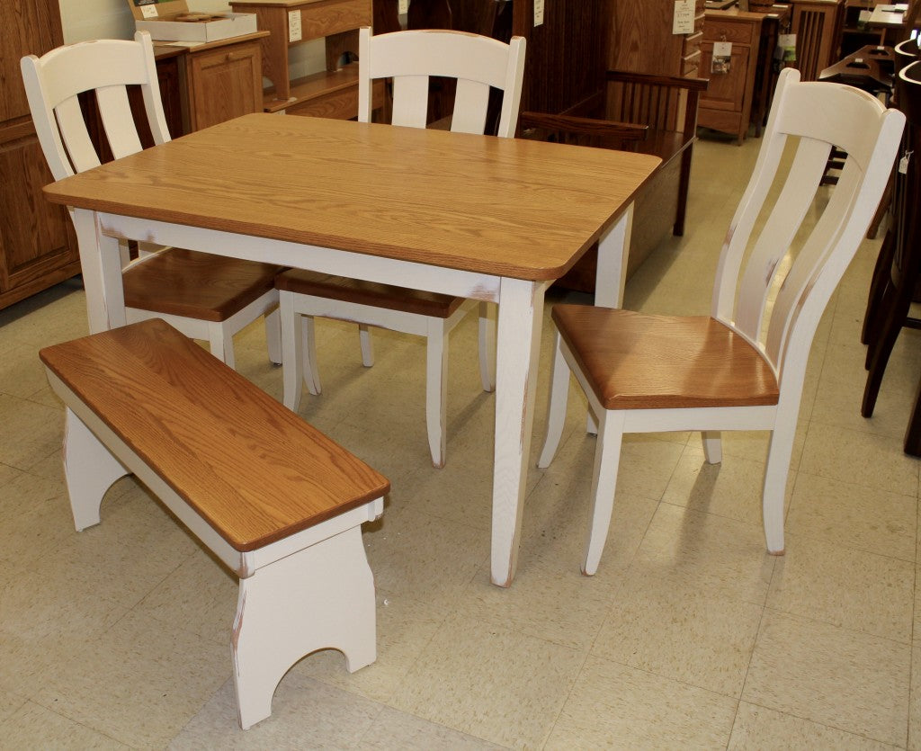Two Tone Dinette Set, 36" x 42" Table, 3 Austin Side Chairs, Farm Bench