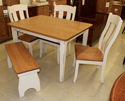 Two Tone Dinette Set, 36" x 42" Table, 3 Austin Side Chairs, Farm Bench