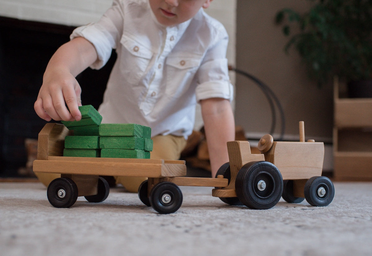 Amish-Made Wooden Toy Tractor & Hay Wagon Set with deals Hay Bales