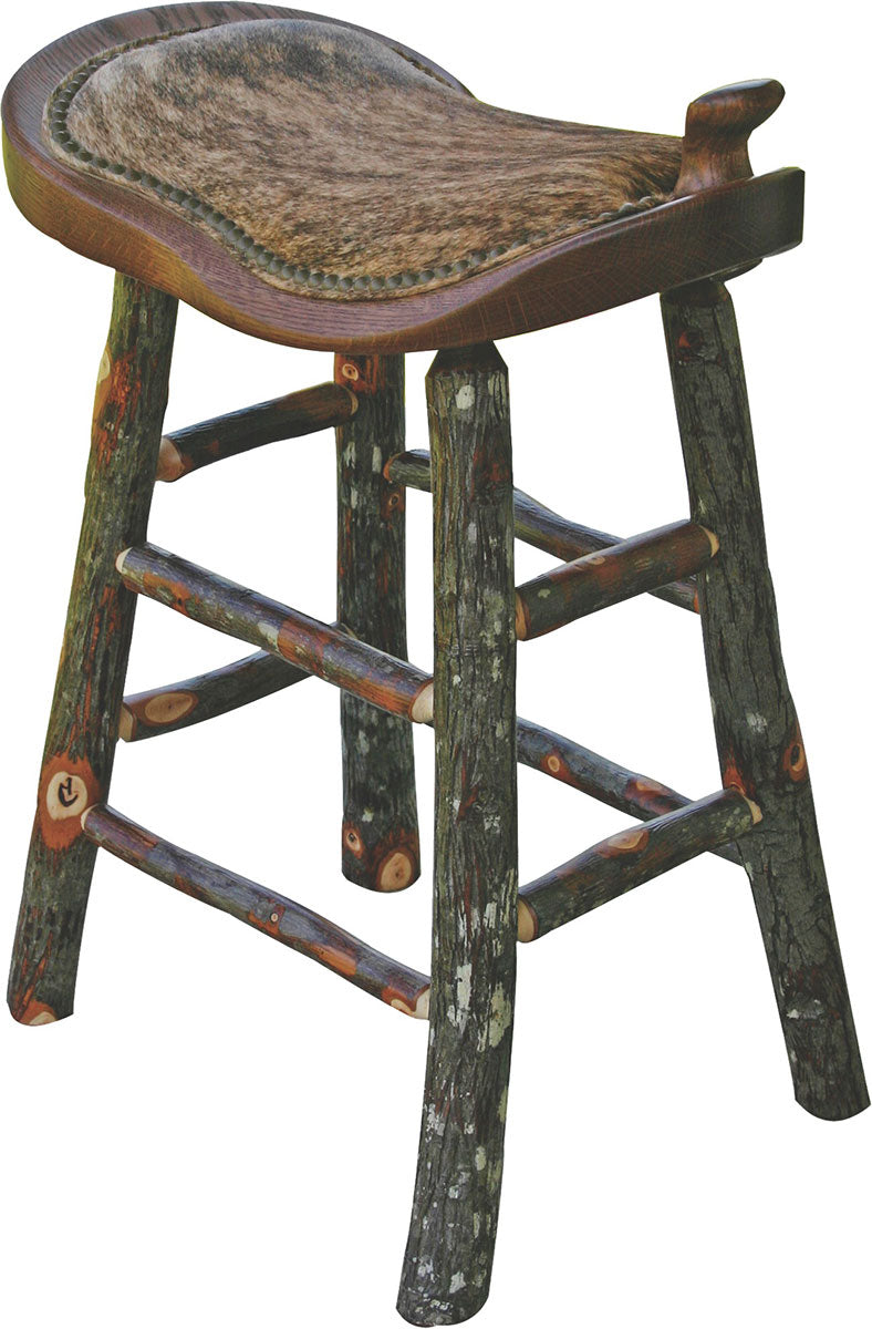 Western Saddle Stool with Rustic Hickory Bark Legs and Fabric Seat