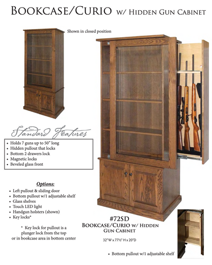 7 Gun Bookcase / Curio with Hidden Gun Cabinet and Slider Glass Door